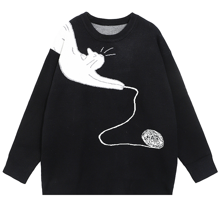 Картинка Свитер черный белый кот с клубком  от магазина LonnaMag