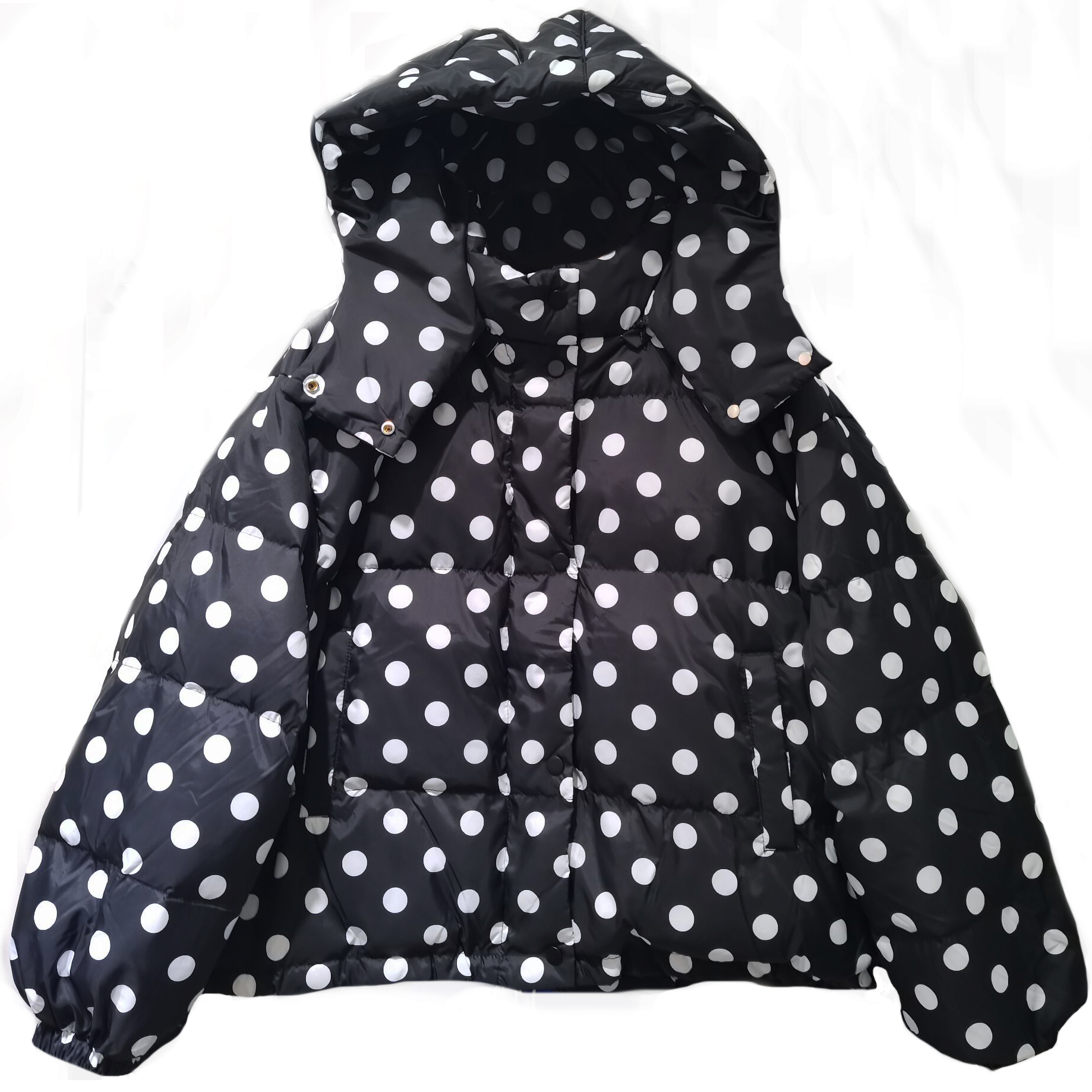 Картинка Пуховик объемный короткий с капюшоном в горошек от магазина LonnaMag