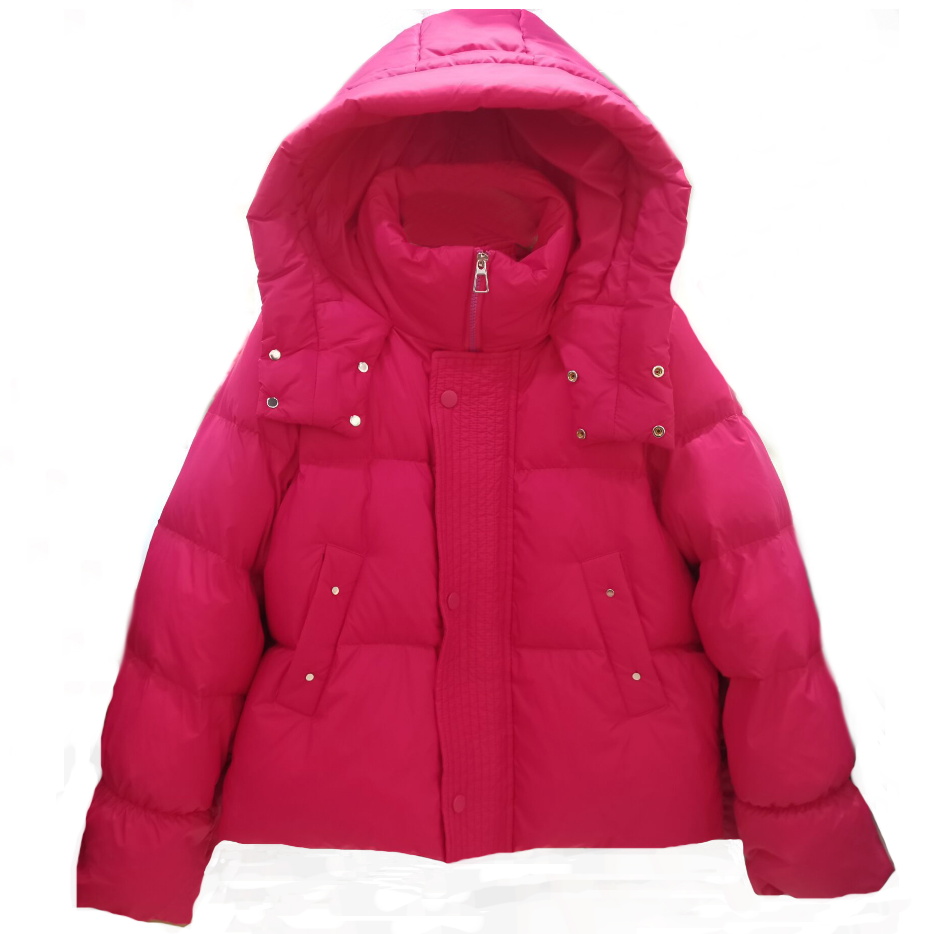 Картинка Пуховик короткий с капюшоном застежка 3 кнопки в цвет шов на спине от магазина LonnaMag