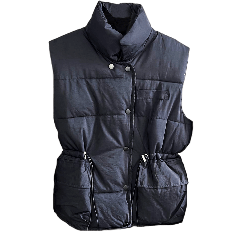 Картинка Жилет дутый на кнопках ворот стойка утяжка на поясе карманы с клапаном от магазина LonnaMag