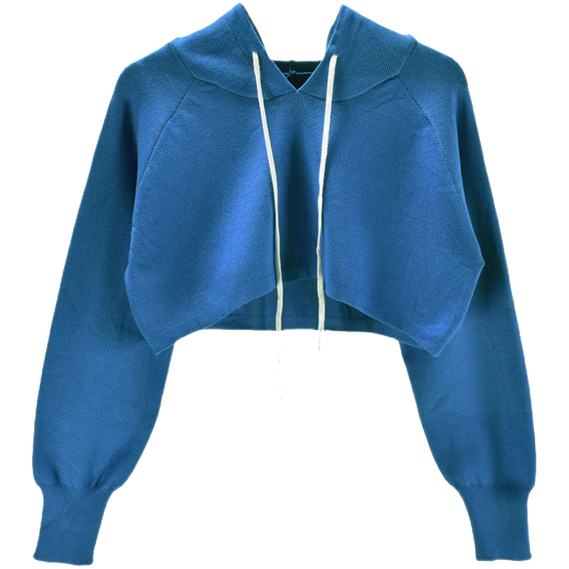 Картинка Худи укороченный топ синий трикотаж белый шнурок от магазина LonnaMag