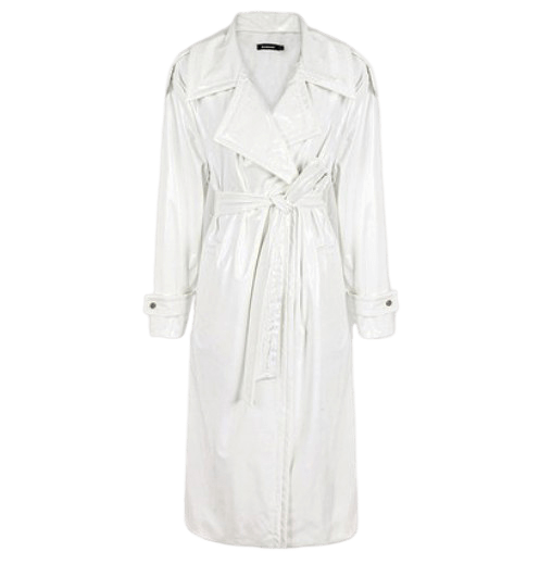 Картинка Тренч блестящая эко кожа хлястики с кнопками на рукаве + пояс от магазина LonnaMag