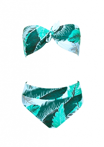 Картинка Купальник бикини завышенная талия принт листья от магазина LonnaMag