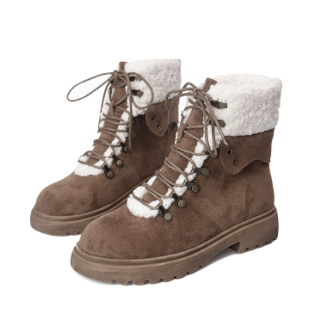 картинка Сапоги замшевые с белым мехом по контуру шнуровки и сверху от магазина LonnaMag