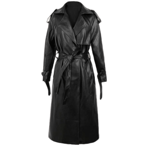 Картинка Тренч эко кожа макси спереди один клапан на рукавах хлястик погоны с пуговицей от магазина LonnaMag