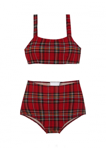 Картинка Купальник бикини принт шотландская клетка сзади на завязке от магазина LonnaMag