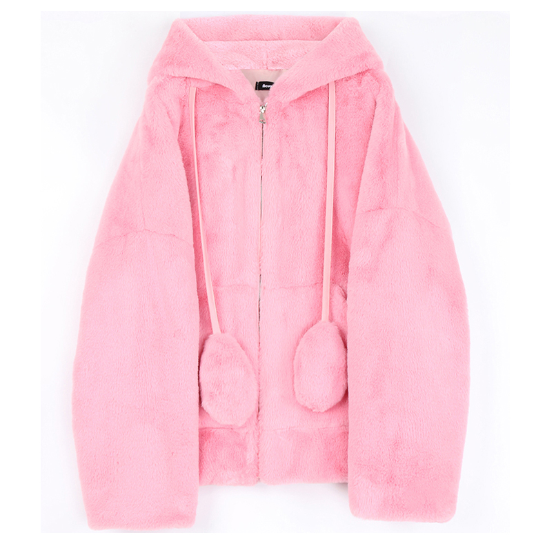 Картинка Шуба плюшевая короткая на молнии капюшон с длинными ушками от магазина LonnaMag