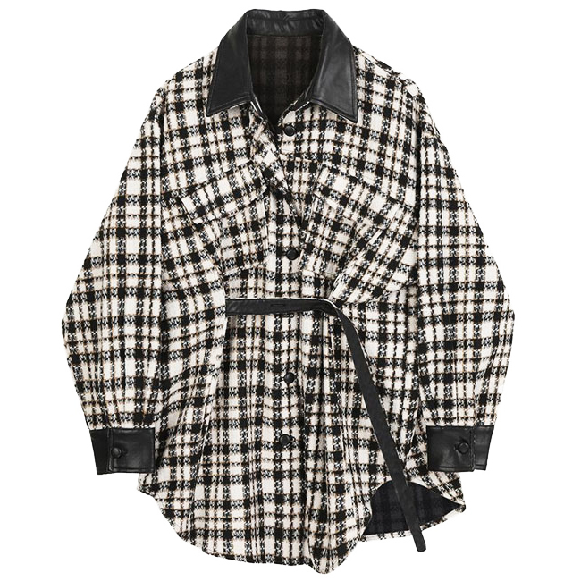 Картинка Рубашка oversize шерсть чб клетка кожаные детали пояс от магазина LonnaMag