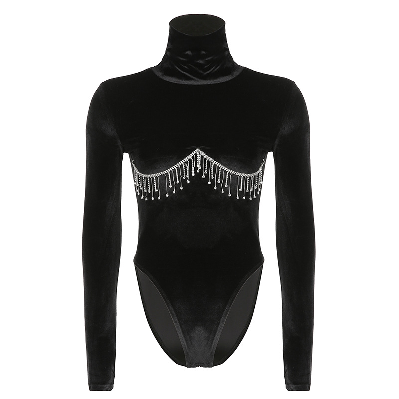 Картинка Боди водолазка бархат акцент под грудью бахрома из страз  от магазина LonnaMag