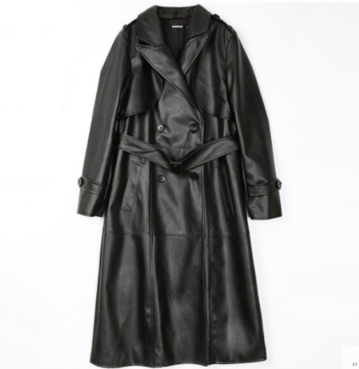 Картинка Тренч эко кожа черные пуговицы видимые швы сверху клапаны + пояс  от магазина LonnaMag