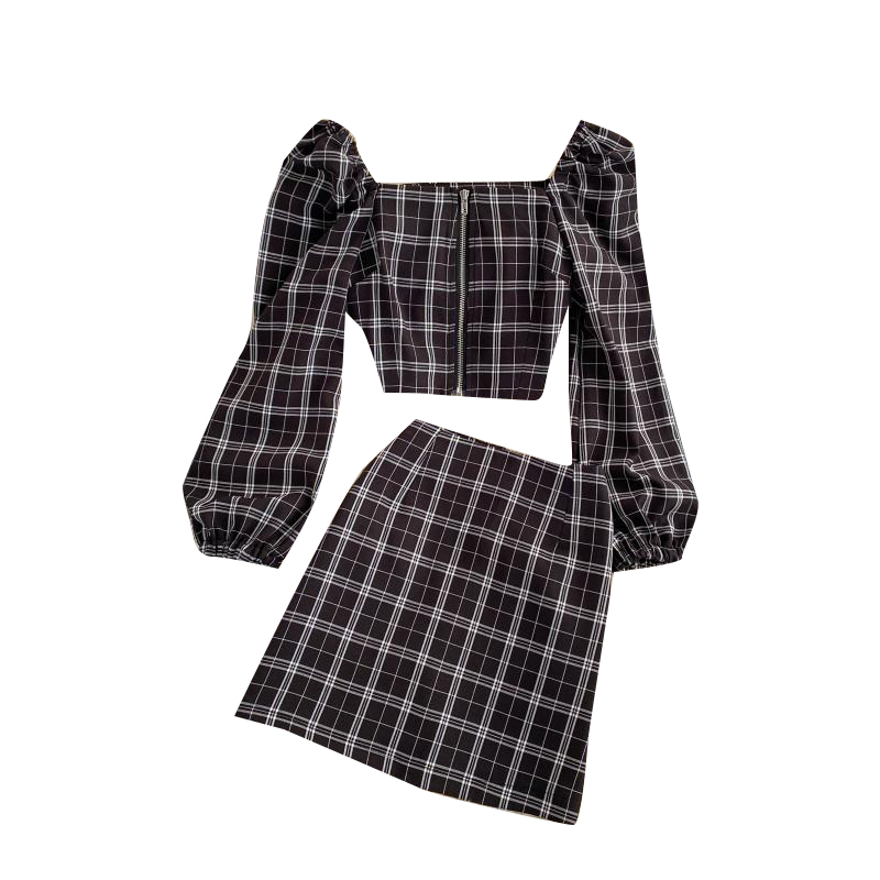 Картинка Костюм топ на молнии длинный объемный рукав + юбка мини принт клетка от магазина LonnaMag