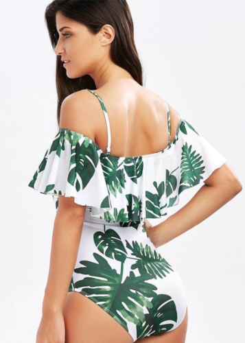 Картинка Купальник слитный оборка на плечах листья пальмы от магазина LonnaMag