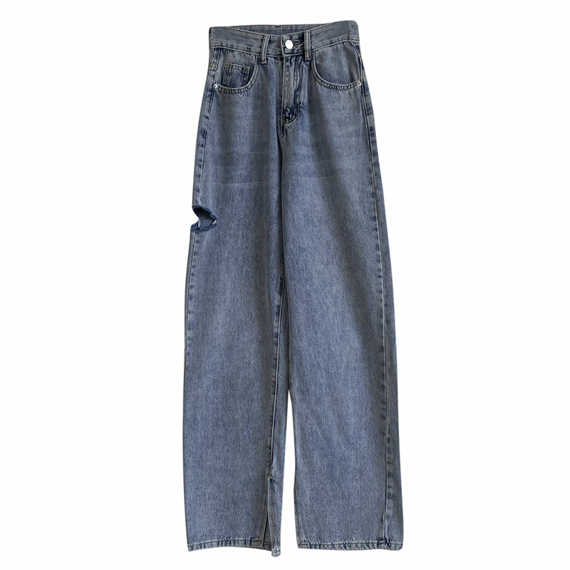 Картинка Джинсы прямые сбоку разрез + снизу разрезы внутри на брючине от магазина LonnaMag