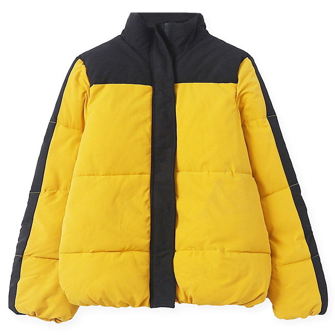 Картинка Куртка дутая горчичная с черными плечами и полосками от магазина LonnaMag