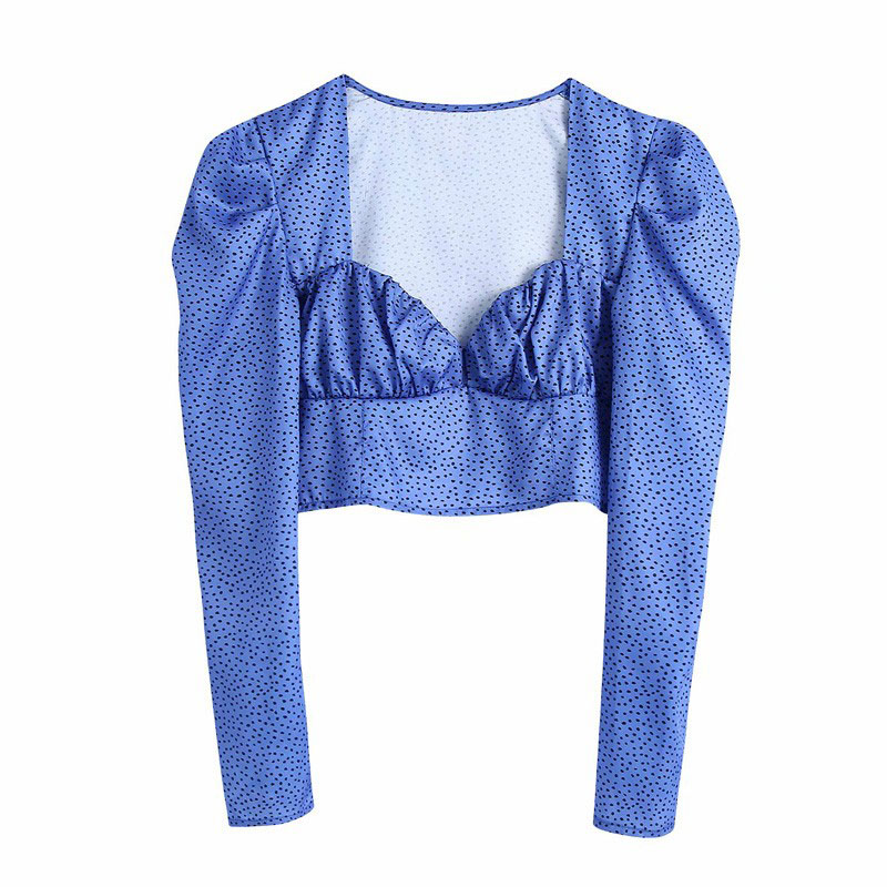 Картинка Топ синий объемные плечи длинный рукав принт горох от магазина LonnaMag