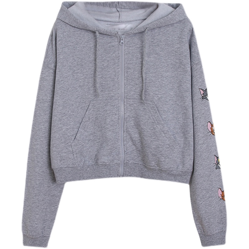 Картинка Толстовка серая на молнии меланж капюшон вышивка Tom & Jerry от магазина LonnaMag