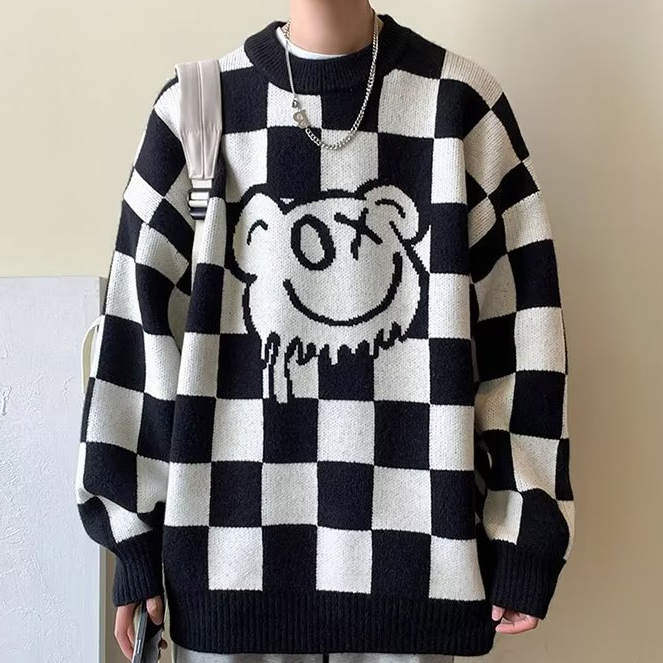 Картинка Свитер oversize клетка шашечка мульт медведь смайл OX от магазина LonnaMag