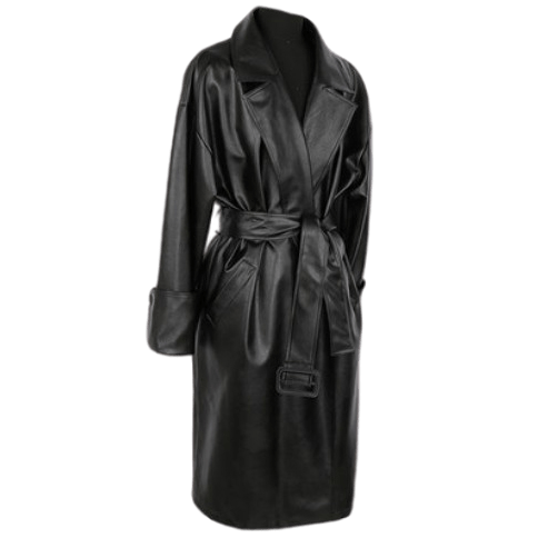 Картинка Тренч эко кожа на рукавах манжеты 2 пуговицы + пояс с черной пряжкой от магазина LonnaMag