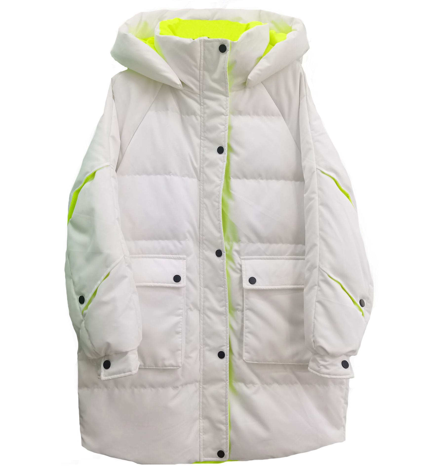 Картинка Пуховик с капюшоном сверху нашиты карманы с клапанами внутри неоновая расцветка от магазина LonnaMag