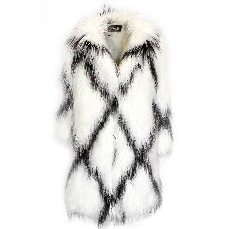 Картинка Шуба миди длинный скрученный меховой ворс черные полосы ромбы  от магазина LonnaMag