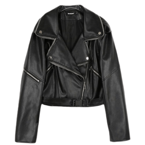 Картинка Куртка эко кожа двойная молния по контуру ворота черный карабин на поясе  от магазина LonnaMag