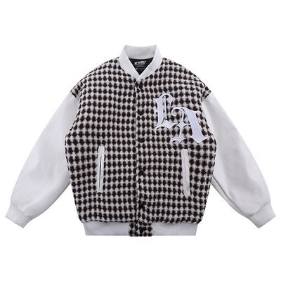 Картинка Бомбер oversize в ромбах рукава эко кожа вышивка LA от магазина LonnaMag