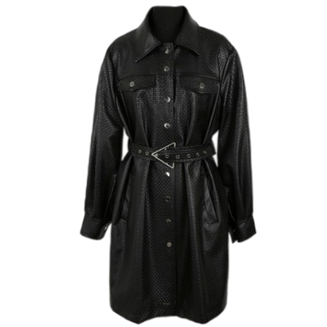 Картинка Куртка рубашка эко кожа длинная на кнопках эффект плетения + ремень  от магазина LonnaMag