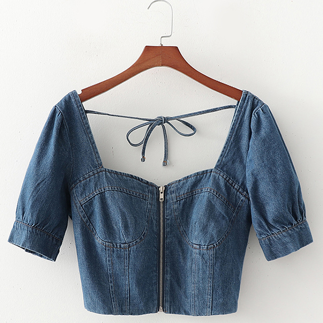 Картинка Топ джинс короткий рукав спереди молния акцент на груди на спине завязка от магазина LonnaMag