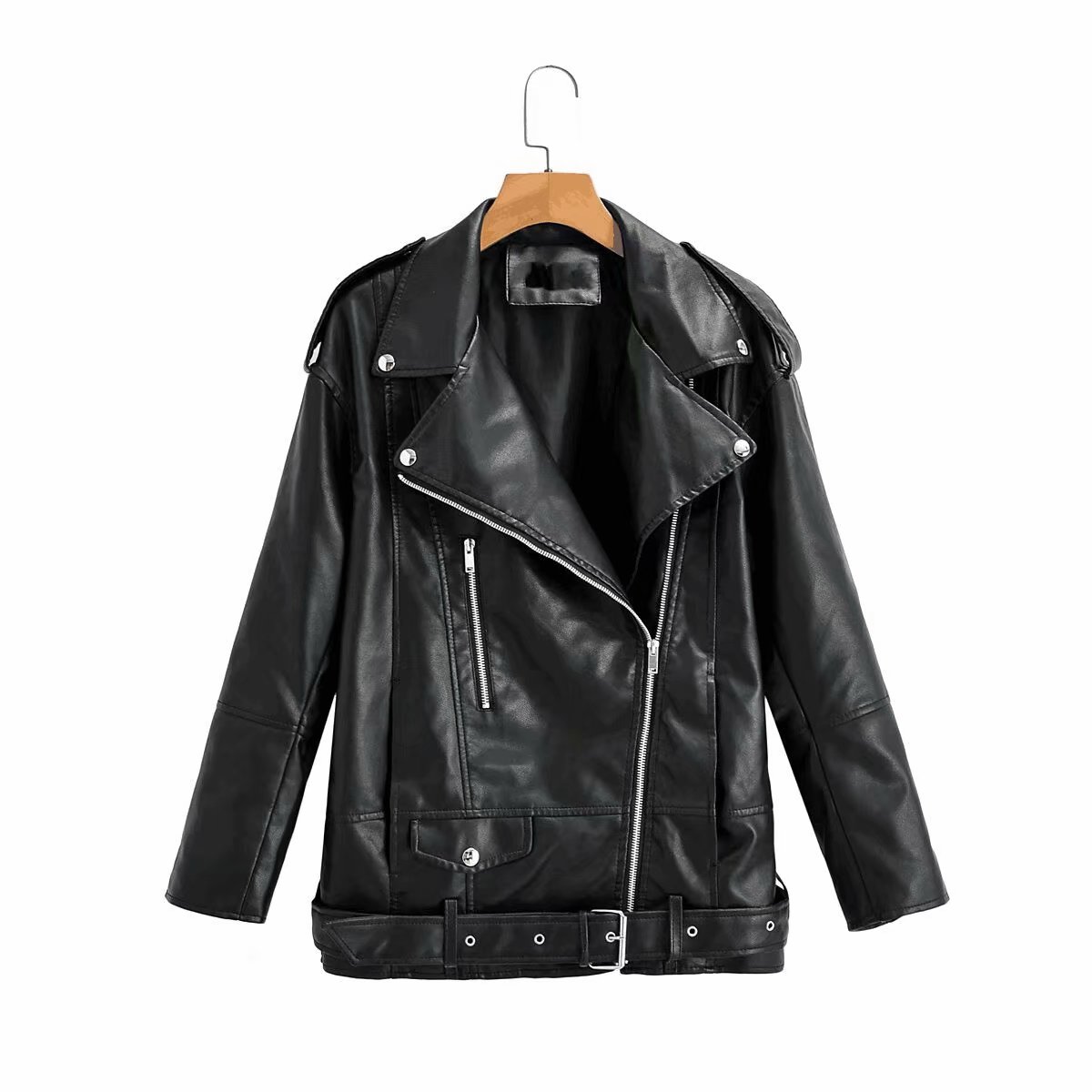 Картинка Куртка косуха oversize одна молния + 2 кармана нашивка с кнопкой + пояс  от магазина LonnaMag