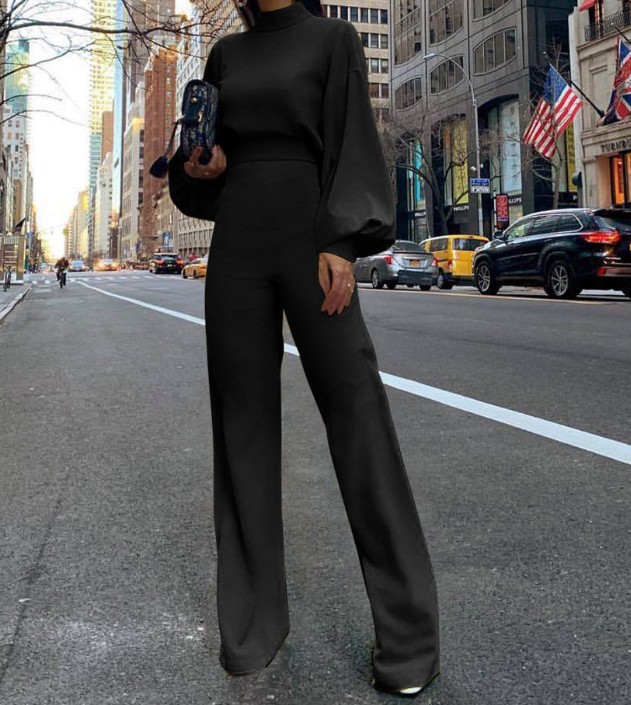 Картинка Костюм блуза высокий ворот длинный рукав + широкие брюки высокая талия  от магазина LonnaMag