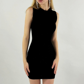 Платье по фигуре трикотаж в рубчик без рукавов круглый вырез (черное)