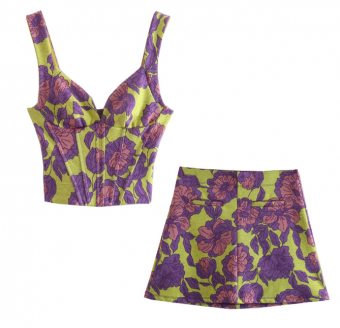 Комплект топ спереди швы как корсет + юбка мини принт цветы