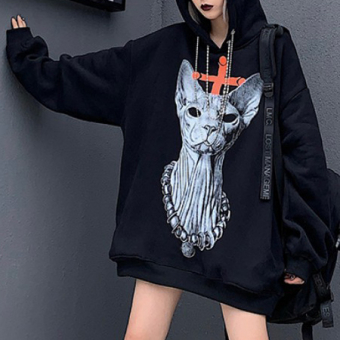 Худи oversize принт кот сфинкс крест 2 цепи вместо шнурков