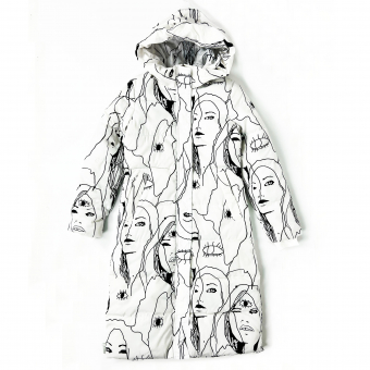 Пуховик длинный капюшон принт - контур лица девушки