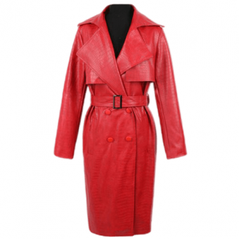 Тренч эко кожа крокодил широкий угловатый воротник клапаны + пояс