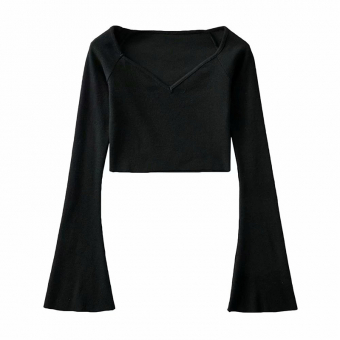 Топ длинный рукав-клеш стрейч рубчик широкий V-вырез