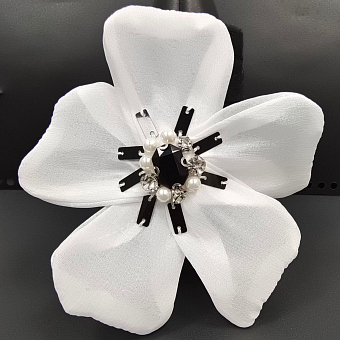Цветок крупный шифон стразы жемчуг черный камень (аксессуар/брошь, 11 х 11 см)