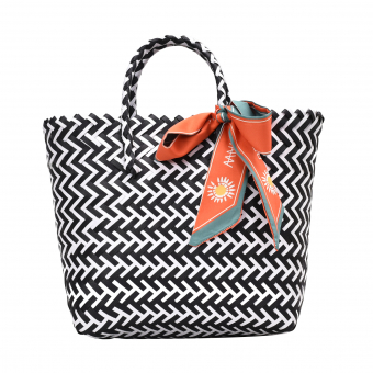 Сумка плетение ч/б ёлочкой + оранжево-зеленая лента