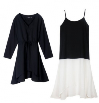 Комплект платье длинный рукав талия на кулиске + платье майка верх черный низ белый