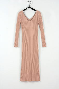 Платье трикотаж макси рубчик V-вырез разрез сзади