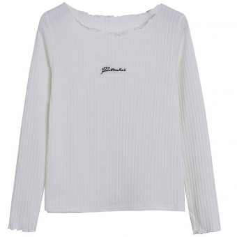 Топ длинные рукава стрейч рубчик вышивка надпись волнистые края