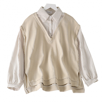 Комплект рубашка в полоску + жилет однотон разрезы по бокам