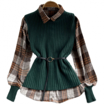 Рубашка коричневая в клетку манжеты в цвет жилетки + жилетка в рубчик + пояс