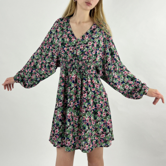 Платье мини талия на резинках юбка клеш V-вырез - мелкие цветы