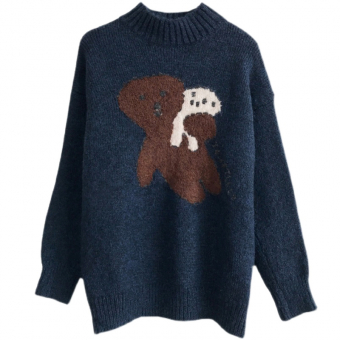 Свитер вязаный oversize  ворот стойка крупный рубчик рисунок медведь с собакой