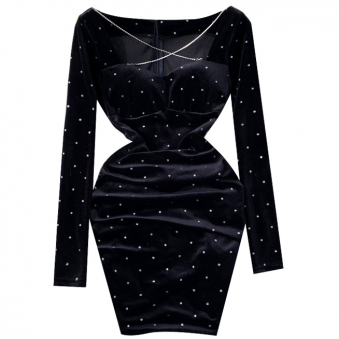 Платье мини бархат длинный рукав блестящий горошек