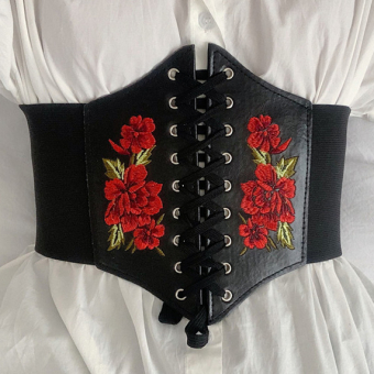 Пояс широкий эко кожа вышивка красные цветы