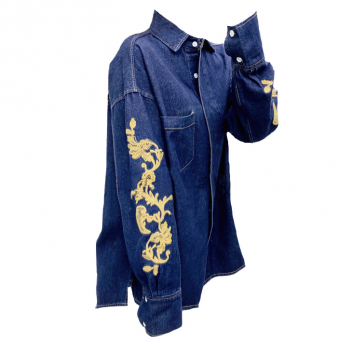 Рубашка джинсовая широкая желтая вышивка на рукавах