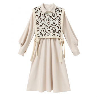 Комплект платье рубашка миди вельветовая + жилет вязаный с принтом