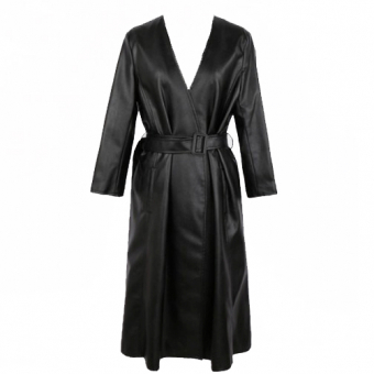 Тренч эко кожа V-вырез с поясом на запах без ворота
